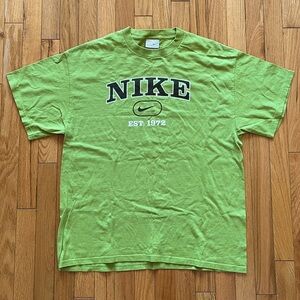 VTG Y2K Nike Lime Green T-Shirt Center Swoosh Spellout Silver Tag Vibrant Bright